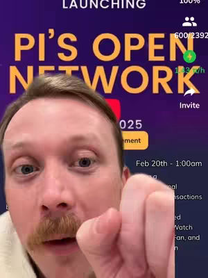 A selfie-style video with a man holding up his fist towards the camera. Behind him, a screen displays the text "PI'S OPEN NETWORK" in large, yellow letters against a purple background. Additional text and UI elements are present on the screen, including a clock, a graph icon with a lightning bolt, and the word "Invite".