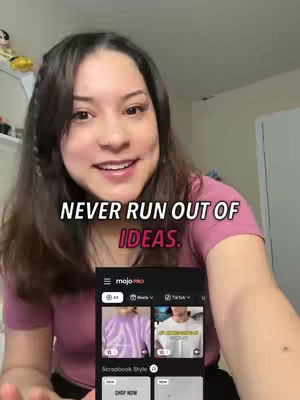 A woman with brown hair smiles at the camera. Text overlays read "NEVER RUN OUT OF\nIDEAS." In the background, a white door is visible to the right. An app interface is held, showcasing designs. The woman wears a pink shirt.