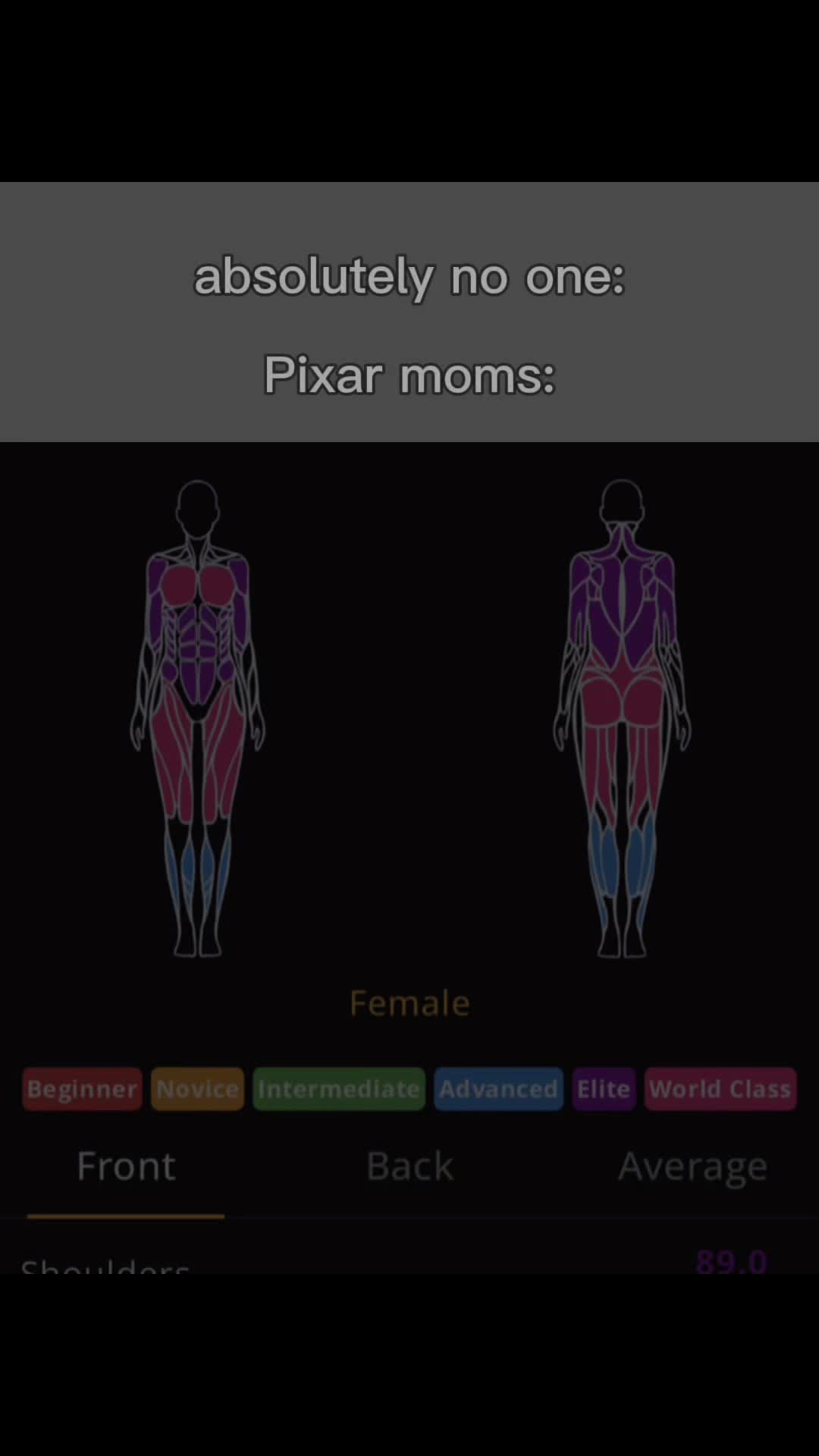 The cover image shows an app interface displaying a female body diagram highlighting muscle groups. The background is black. There's overlayed text like meme format at the top: "absolutely no one:" and "Pixar moms:" in white sans-serif font.  At the bottom are color-coded levels of fitness. There are also two human figures, front and back, colored with different muscle regions.