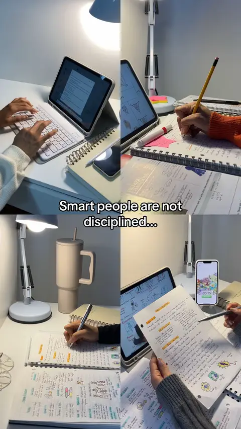 The cover image is a 2x2 grid of desk setups with various study materials. The top left shows hands typing on a keyboard connected to a tablet. The top right shows a hand writing with a pencil on a notebook. The bottom left features a hand writing in a notebook, next to a water bottle. The bottom right shows a hand holding notes and a phone displaying a time-tracking app. The text overlay says, Smart people are not disciplined…