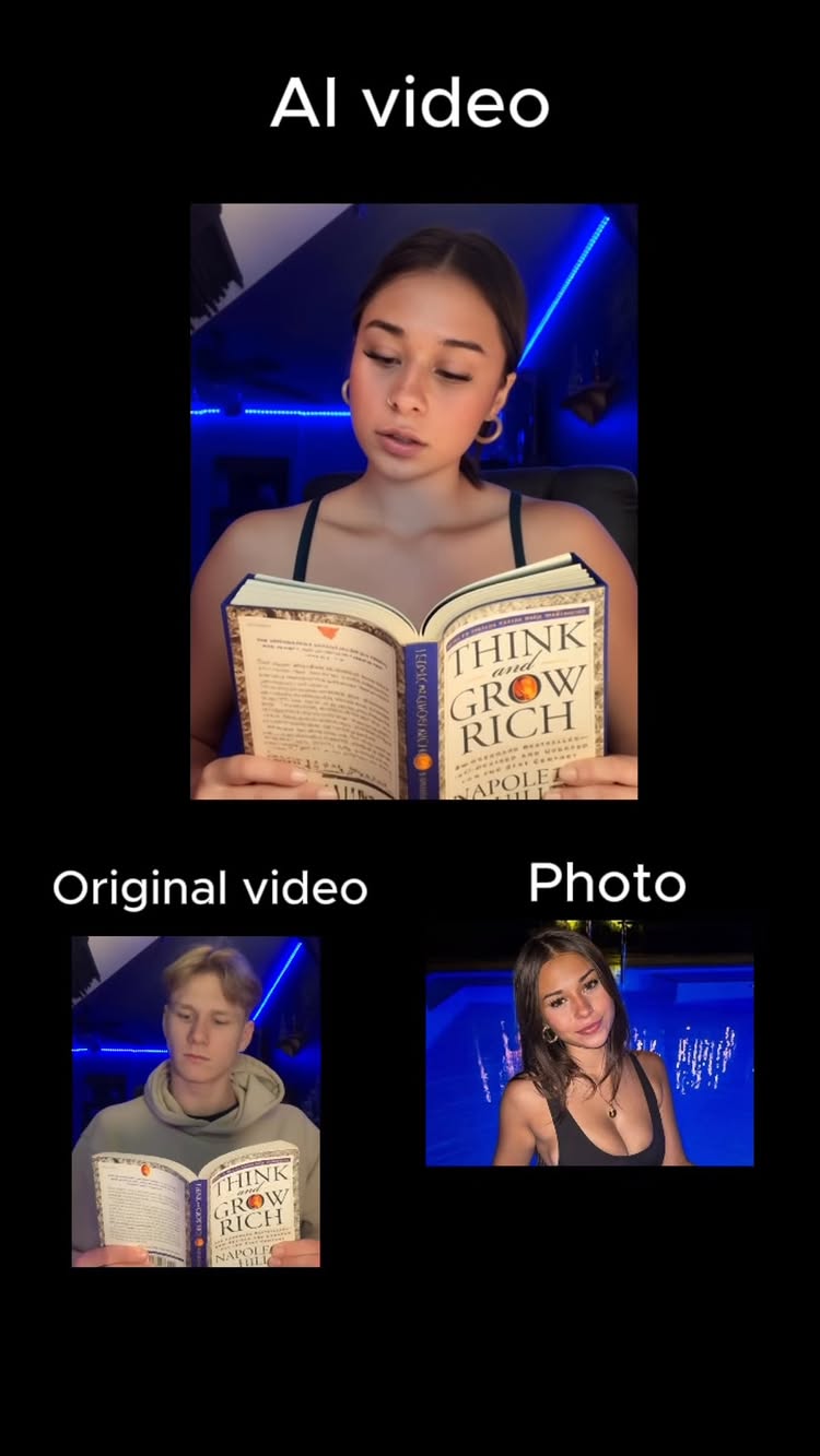 The cover image is a layout featuring different images. The top section has the text "AI video" overlaid in white on a black background. Below the text is a photo of a person reading a book. In the bottom row, two more images are displayed. On the left, there is a person reading a book. On the right, there is a photo of a person in a swimsuit.