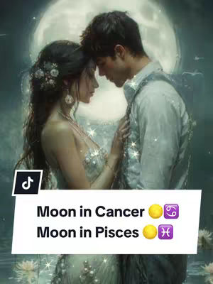 A digitally created image depicting a couple embracing beneath a bright full moon. The woman on the left is adorned with floral hair accessories and jewelry, while the man on the right wears a button-down shirt. The overall color palette is muted, with soft blues and greens dominating, and a glow effect around the couple, adding to the romantic atmosphere. Overlayed on the image is a white bar with text and astrological symbols.