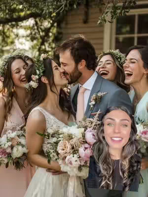 The cover image shows a wedding scene. In the foreground are the bride and groom kissing, the bride holds her flower bouquet, the bride is facing left and the groom is facing right. Behind them are the bridesmaids and other attendees, all smiling, in the background is a house. At the bottom right corner of the image, the creator's face is overlaid on top of the image, she is a female with brown long hair and smiling with a black top. The colors used are soft and warm.