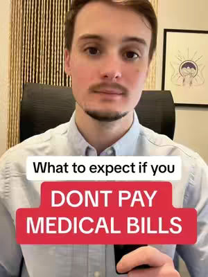 A man wearing a light blue shirt is centered in the shot, with text overlays about unpaid medical bills. He is sitting in front of a black chair, and behind him is a vertical slat wall.
