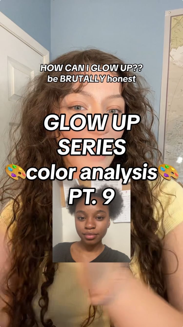 The cover image features a selfie of the creator, with brown curly hair and a yellow top, overlayed with text. In the center of the image is a small inset showing the face of a person with short, dark hair. Additional text overlays include the title "GLOW UP SERIES", "color analysis", and "PT. 9". Behind the creator is a blurred interior with a world map hanging.