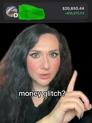 A woman with long dark wavy hair is centered, with a dark background. She is looking at the camera and has her index finger pointed up at her face as if she is about to make a point. There's a green element and a financial account summary with text overlayed above her head.