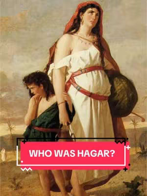 A classical painting depicting a woman in a white robe and a red drape, standing with a young boy behind her. They are set against a soft, sepia-toned landscape with a hint of sky. The main figures are lit with soft light.