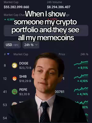 The cover image features a screenshot of a cryptocurrency portfolio interface, with a man's face superimposed over the bottom portion. The man, wearing a dark suit and tie, appears to be looking at the portfolio with a slight expression. The background is a dark blue with various numerical details and market charts displayed. A text overlay at the top states: "When I show someone my crypto portfolio and they see all my memecoins."