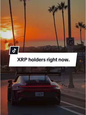 The cover image shows a sleek, red sports car driving away from the viewer at sunset. The sky is filled with vibrant orange and yellow hues, and palm trees line the side of the road. Text overlayed on the image states 'XRP holders right now.'