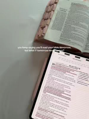 The image shows a Bible and a tablet with a Bible passage open. A quote overlay is present.