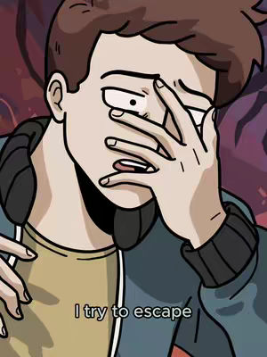 An animated image features a young man with brown hair, wearing a blue jacket and a yellow shirt, covering his face with his hand. The background suggests a dark, possibly ominous setting with blurred purple and grey elements. Text at the bottom reads 'I try to escape'.