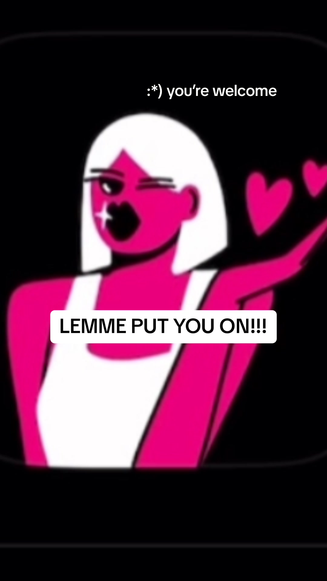 The cover image features a stylized illustration of a woman with white hair, a white tank top, and bright pink skin. Text overlays include a phrase and an emoji. Hearts float near her.