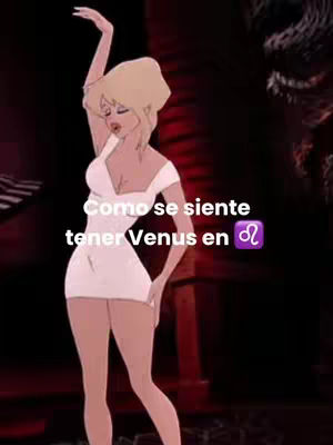 An animated cartoon figure of a woman in a white dress is dancing. In the center, the text "Como se siente tener Venus en" followed by the astrological symbol of Leo, is overlaid onto the image.