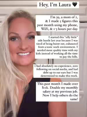 A selfie-style shot of a smiling woman with blonde hair; text boxes with white backgrounds are overlayed on image with text describing her experience. The background is a blurred interior.