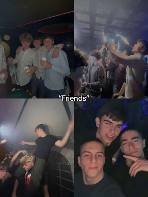 The cover image is a collage of four different scenes, all featuring young men in settings that suggest nightlife and social gatherings. The top left shows a group of three men, dressed in white shirts, posing with drinks, the top right shows a group of men at a party with some holding and using a sparkler-like device, the bottom left shows two men with one carrying the other on his shoulders, and the bottom right shows three men taking a selfie. The overall composition is busy and dynamic, with a focus on youthful social activity.