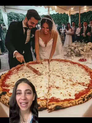 The cover image shows a bride and groom cutting a giant pizza at their wedding reception. A woman's face is superimposed at the bottom, smiling and looking at the camera.