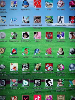A screenshot of a Windows XP desktop filled with shortcut icons for various old video games, displayed on a vibrant green background reminiscent of the operating system's classic look.