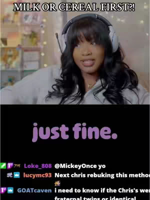 The cover image shows a woman with headphones on, looking at the camera with a slightly surprised expression. Above her is the question "MILK OR CEREAL FIRST?!" in white text. Below her name, the text "just fine." appears in a large, purple font. Some comments from viewers are displayed below the text.