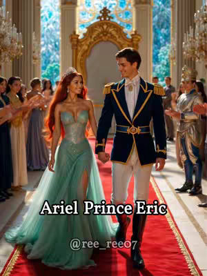An AI-generated image depicting the Disney characters Ariel and Prince Eric on a red carpet, walking towards the viewer. Ariel is in a teal gown and Prince Eric is in a navy uniform, with other characters in the background. Text overlayed on the image reads 'Ariel Prince Eric'.