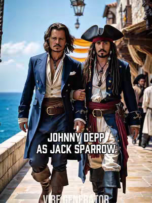 Two men dressed in pirate costumes walk arm in arm on a cobblestone street with buildings and blue water behind them.