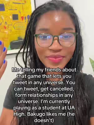 A woman with black braids and glasses is facing the camera. She is smiling. Text overlays read her talking about a game and describing her experience within it.