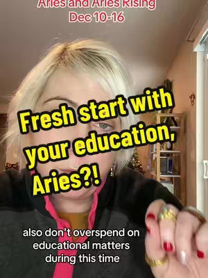 A woman with blonde hair and a light complexion looks directly at the camera, with text overlays obscuring her face. She has a high forehead, and her hands, adorned with rings, are visible near the bottom of the frame. The background appears to be a domestic setting, with hints of a shelf and possibly a Christmas tree in the background. The overall composition is a close-up, likely a selfie, with a focus on the creator and overlaid text.