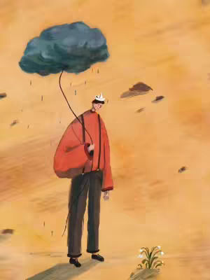 An illustrative artwork featuring a person dressed in a red outfit and black pants. The person is holding a dark cloud with a string, and raindrops are falling. The background is a warm, sandy color, with small, dark shapes scattered across the landscape. In the foreground, a small plant is visible. The overall composition is melancholic and surreal.