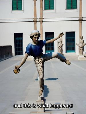 A statue of a person in a dynamic pose, balanced on one foot with the other leg extended, holding a small disc-shaped object, set against a backdrop of a building with arched windows and green shutters. The figure appears tan. The statue is standing on top of a square platform, and text overlay is present at the bottom.