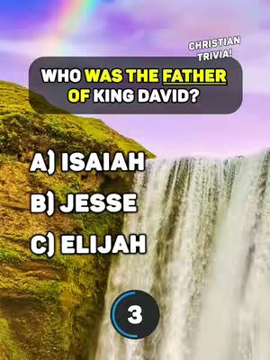 The cover image shows a quiz game centered in a nature-themed background with a waterfall. It has a multiple-choice question about the Bible, with countdown timer.