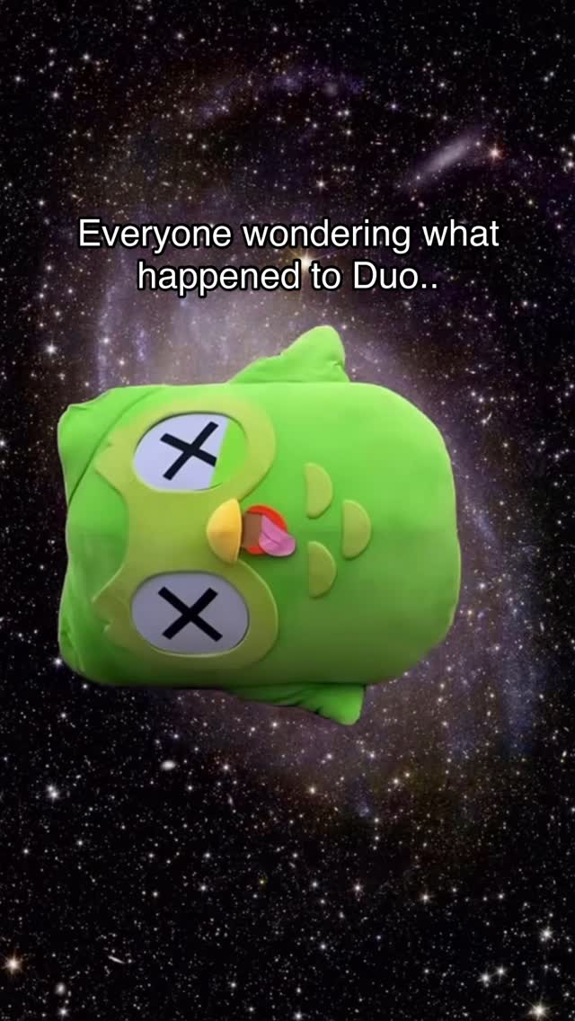 A plush Duo the owl with X's for eyes and a tongue sticking out is rendered in a cosmic background. Text overlays read 'Everyone wondering what happened to Duo..'