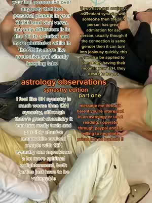The image shows multiple people lying down with white and beige clothing. The text overlay on the image is an astrology discussion. Some text is at the top left-hand corner and has writing, whilst the other half is centered with the words 'astrology observations synastry edition part one'. There is additional text in the bottom right to provide information on readings