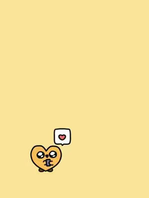 A cartoon heart character with big eyes and small feet is featured on a solid yellow background. The heart has an expressive, slightly worried face, with a small speech bubble above it containing a heart. The overall feel is cute and cheerful.