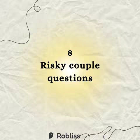 The cover image features a light-yellow background with a textured, almost crumpled paper effect. Centered on it is the text `8`. Below this, in bold, black font, are the words `Risky couple questions`.  A simple, thin, dark gray line art design appears in the upper-left corner, and the Robliss logo is present in the bottom-left corner.