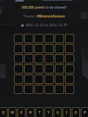 A screenshot showing a word puzzle with empty boxes. It contains the text '500,000 points to be shared!', 'Theme: #BinanceSeason', and the date 2024-12-23 to 2024-12-29. It also has a grid of empty boxes, an alphabet at the bottom and a dark background.