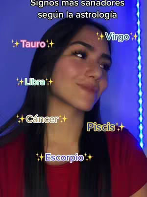 A young woman with long dark hair and a red top is featured in a side view, with text overlays of the zodiac signs. The background is a gradient of blue.