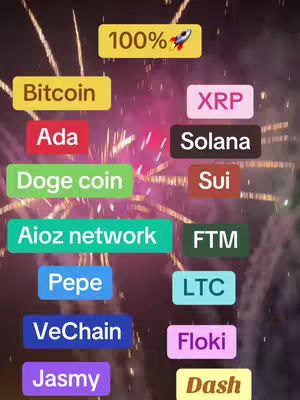 The cover image displays a colorful graphic with various cryptocurrency names arranged on different colored rectangular shapes. There is a '100%' text with a rocket graphic in the background. The background is a blur with streaks of light.
