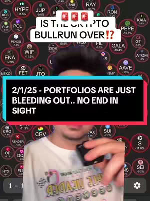 The cover image shows a man in a white t-shirt centered, holding a small black object. Behind him is a digital display of various cryptocurrency data, presented as circular icons. The text overlays include a headline asking if the crypto bullrun is over and a further note with the date and a statement about portfolios bleeding out. The background is dark with a grid pattern, highlighting the circular crypto value elements. Dominant colors are dark backgrounds with light text and data displays, creating contrast with the central figure.