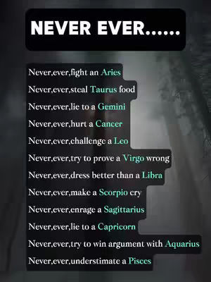 The image presents a list of 'Never Ever' statements with a blurred, dark background. A black rectangular banner at the top reads 'NEVER EVER......' in white, bold font. Below this is a list of statements in white text appearing on a dark, slightly angled rectangle, for instance 'Never, ever, fight an Aries'.