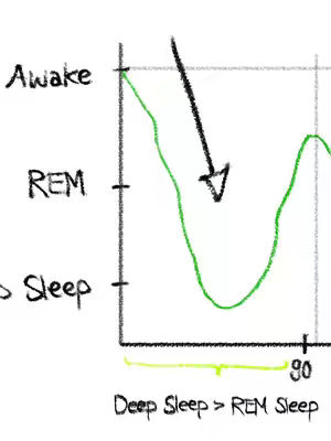 A hand-drawn graph showing sleep stages. The y-axis is labeled 'Awake', 'REM', and 'Deep Sleep' with a curved green line indicating the sleep cycle over time shown on the x-axis, which is labeled '90' to indicate minutes. A black arrow points down to the bottom of the curve. In the bottom part of the image, 'Deep Sleep > REM Sleep' is indicated.