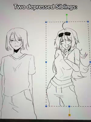 The image is a digital sketch featuring two anime-style figures. On the left, a figure with short, layered hair appears somber, with a slightly downward gaze. On the right, a figure poses with sunglasses, a hand covering their mouth, and a wide smile. The background is plain, with dotted lines and editing tools visible, suggesting a digital art creation process. The color scheme is limited to black and white, with variations in line thickness adding depth. Text at the top reads 'Two depressed Siblings:'