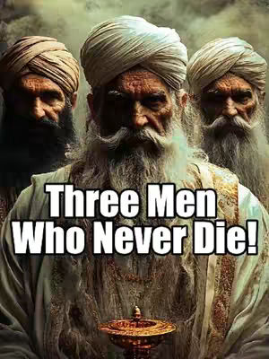 The cover image features three older men in turbans and long beards. They are arranged in a triangular formation, with the central figure slightly closer to the viewer. Above the men is the text 'Three Men Who Never Die!' in a bold, white font, set against a background that blurs to shades of green and gold, evoking a sense of history or mysticism.