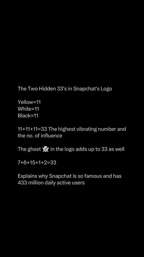 The image shows a vertically oriented text layout against a solid black background. The text, written in white, provides an analysis of the number '33' as it relates to Snapchat's logo. It includes mathematical additions and explanations, with the Snapchat ghost logo used as visual reference.
