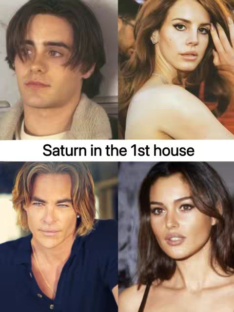 The cover image is a collage of four celebrity portraits, arranged in a 2x2 grid. The top left features Jared Leto, the top right Lana Del Rey, the bottom left Chris Pine, and the bottom right Monica Bellucci. Below the top row, centered, is the text 'Saturn in the 1st house'.