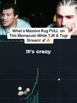 The image shows a split-screen with two men, possibly streamers, reacting to a cryptocurrency chart. The top half features their faces, while the bottom half displays a graph showing a significant price movement, alongside on-screen text about memecoins. A dynamic, engaging composition.