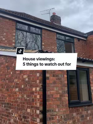 The cover image shows a two-story brick building with a cloudy sky in the background. Two large windows are visible, and the text overlayed says "House viewings: 5 things to watch out for".