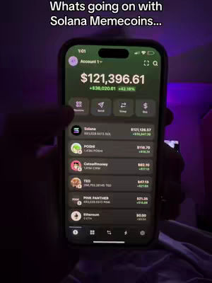 The cover image shows a close-up of a smartphone displaying a crypto wallet interface. The screen shows a dark theme with various crypto coins and their profit or loss. The top displays the total balance: $121,396.61, with a profit of $36,020.01, or 42.19%. The phone is held by a hand, and the background is dimly lit with purple and blue hues.