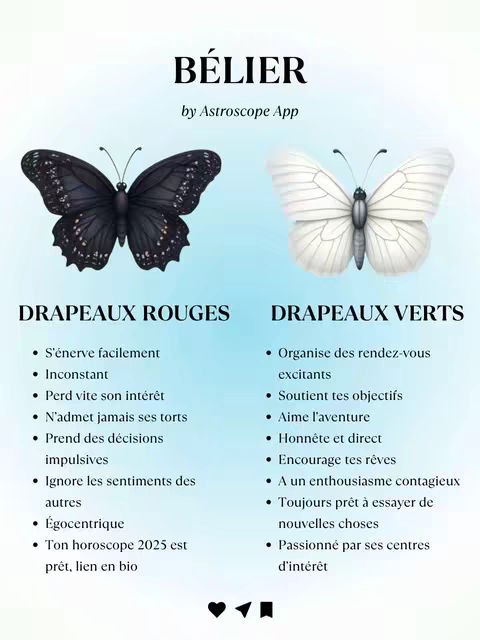 The cover image presents an astrology-themed graphic focused on the Aries zodiac sign. Two butterfly illustrations flank the central text 'BÉLIER' (Aries in French). One butterfly is black, the other white, symbolizing duality or contrasting traits. Below the sign name, the text is divided into two lists: 'DRAPEAUX ROUGES' which are the red flags (negative traits), and 'DRAPEAUX VERTS' which are the green flags (positive traits), describing Aries personalities. The background gradient shifts from light blue to white, highlighting the text components.