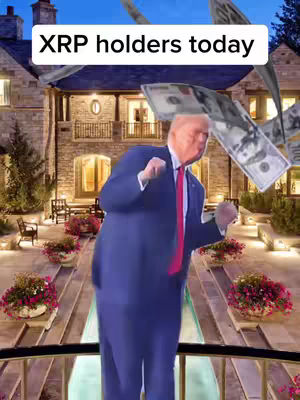 The cover image shows a man in a suit, resembling Donald Trump, dancing in front of a large house with money flying around. The sky is a dusk or dawn color, and there are flower bed decorations in front of the house. The man is wearing a blue suit, a red tie, and is expressing joy.
