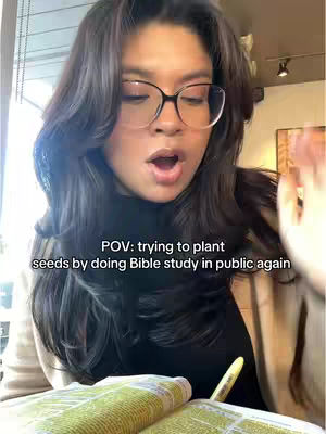 The cover image shows a woman with dark hair and glasses looking towards the camera with an open mouth as if speaking. Text overlayed on the image reads "POV: trying to plant seeds by doing Bible study in public again."