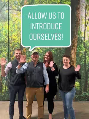 The image shows four people standing in front of a backdrop depicting a forest scene. They are all waving at the camera. Above them is a speech bubble-shaped text box that says, "ALLOW US TO INTRODUCE OURSELVES!"